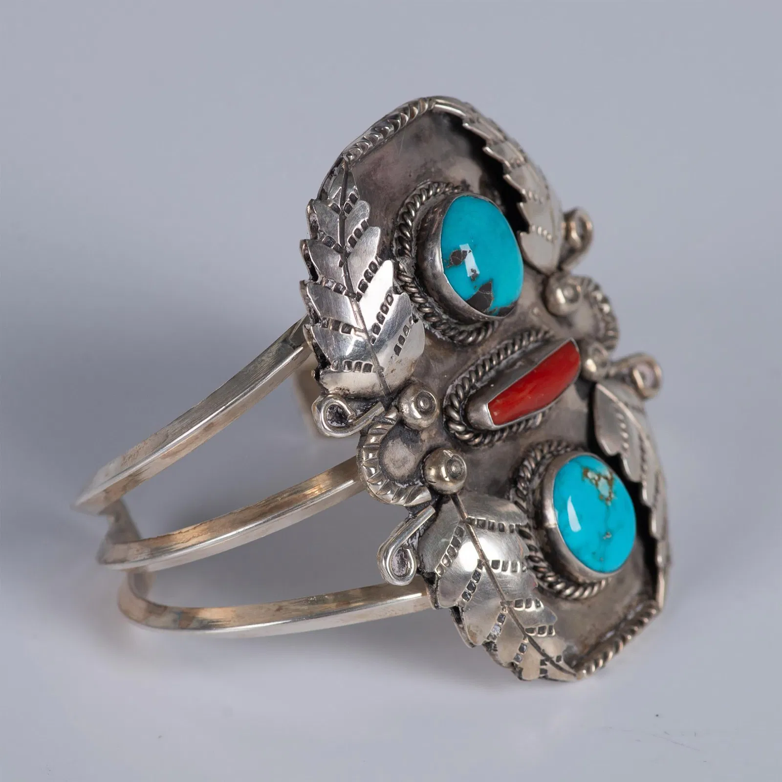 Navajo Chunky Sterling, Coral, and Turquoise Cuff Bracelet