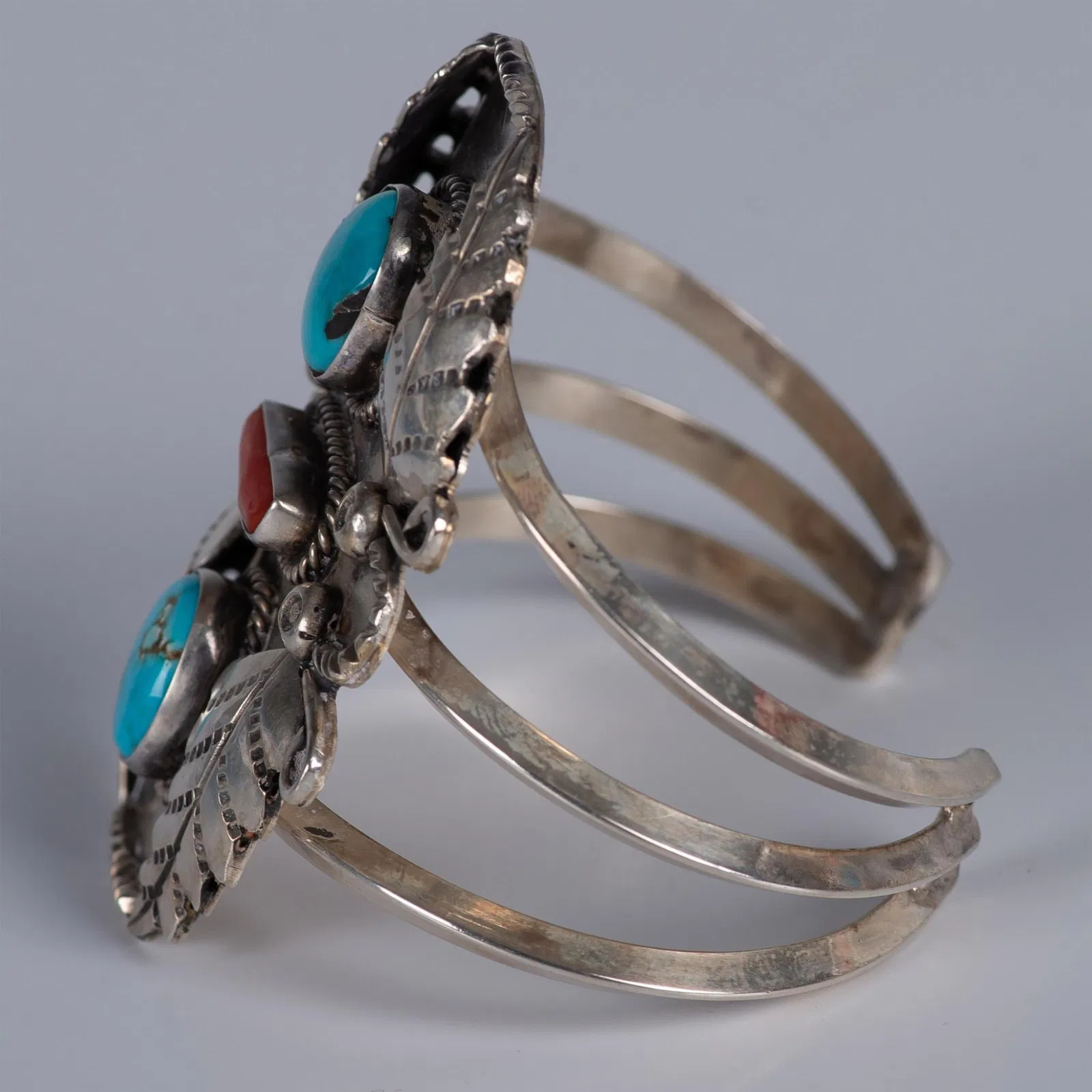 Navajo Chunky Sterling, Coral, and Turquoise Cuff Bracelet