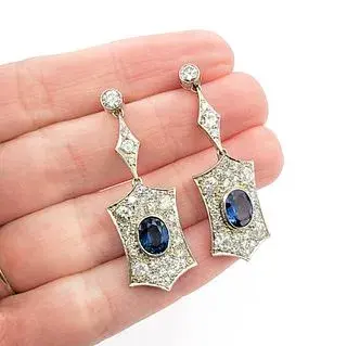 3.50ctw Old European Cut Diamonds 3.10ctw Sapphire Vintage Earrings in Platinum