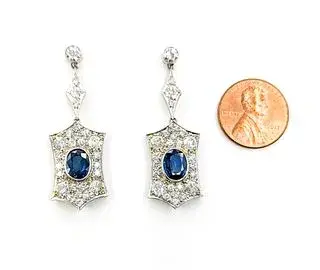 3.50ctw Old European Cut Diamonds 3.10ctw Sapphire Vintage Earrings in Platinum