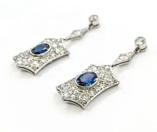 3.50ctw Old European Cut Diamonds 3.10ctw Sapphire Vintage Earrings in Platinum