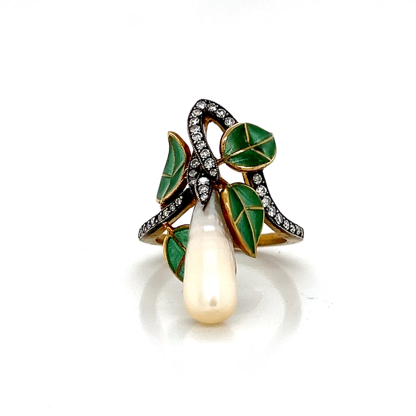 Art Nouveau 18-karat gold, diamond, and pearl plique-à-jour enamel ring. Image courtesy of Associated Estate & Appraisal. 
