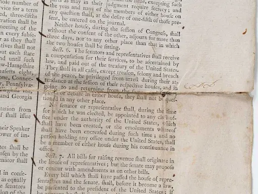 Detail of official signed ratification copy of the U.S. Constitution. Image courtesy of Brunk Auctions.
