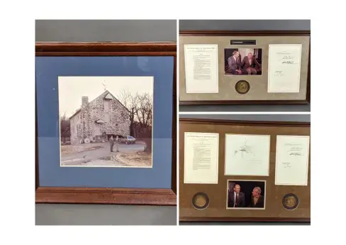 (with closeups 228 A – the Wyeth artwork; 228 B – Act facsimiles and photo of Andrew Wyeth and Richard Schulze; and 228 C – photo of Wyeth and Schulze outside Brinton’s Mill) Grouping of two framed facsimiles of Act H.R. 593 authorizing issuance of Congressional Gold Medal in 1989 to artist Andrew Wyeth (American, 1917-2009). Original Act was signed and enacted by President Ronald Reagan on Nov. 9, 1988. Grouping includes three US Mint bronze replica medals, Parker pen used by Reagan when he signed the Act, and an original Wyeth pencil drawing titled ‘Top of Brinton’s Mill,’ which the artist inscribed and signed to Richard Schulze, former Representative for Pennsylvania’s 5th Congressional District. Measurements of Reagan-held pen and signed Wyeth note 37in x 20in. Wyeth signed drawing 37¾ in x 26½in. Accompanied by framed photo of Wyeth and Schulze outside Brinton's Mill, the artist’s home and studio in Chadds Ford Township, Pa. Estimate $15,000-$20,000