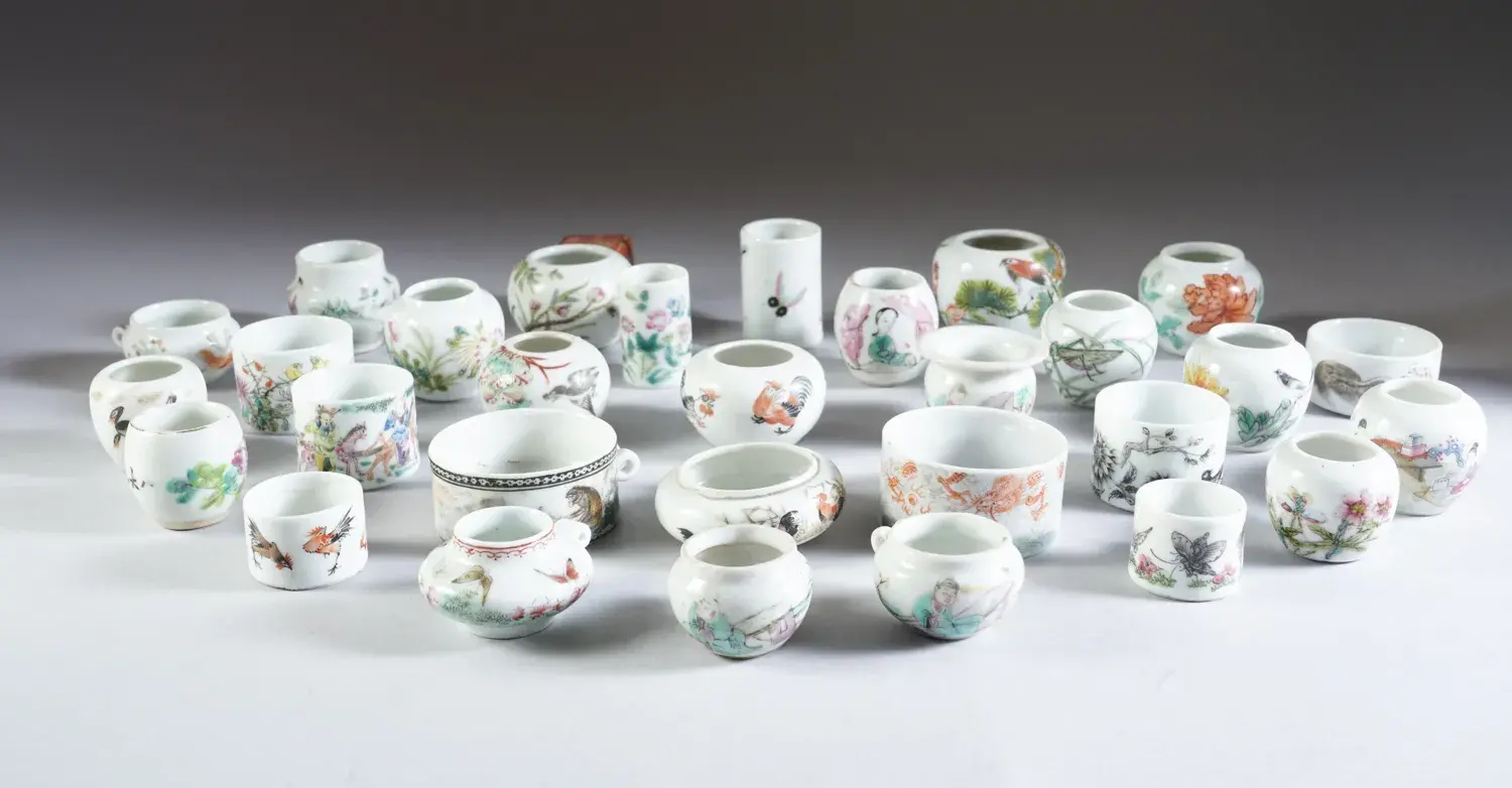 Group of 30 Chinese Famille Rose and Other Porcelain Bird Feeders, part of the 1,000 piece collection, dating from the Song Dynasty to the Republic Period, expected to fetch between $100,000-200,000