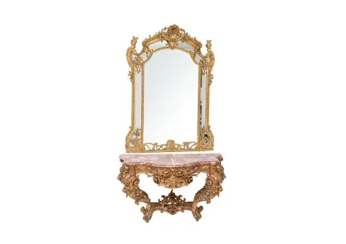 Italian Baroque Period Carved Wood And Gilded Gesso Console Surmounted by a Continental Mirror, 18th And 19th C., H 93" W 57" 2 pcs