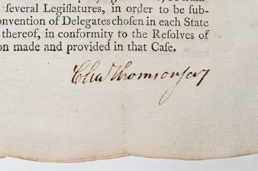 Signature of Charles Thomson on official signed ratification copy of the U.S. Constitution. Image courtesy of Brunk Auctions. 
