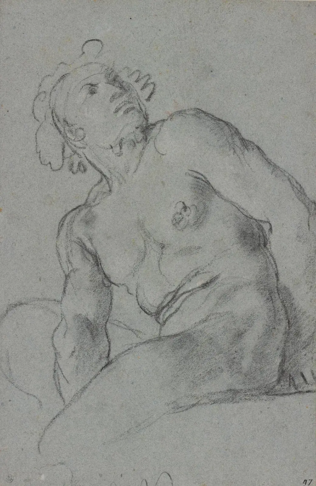 Annibale Carracci (1560-1609), Study of a nude man seated, c. 1595-1600, black chalk with white highlights on blue paper, 33.6 x 22.1 cm/13 x 8.7 in, Museum Boijmans Van Beuningen, Rotterdam. On loan from the Stichting Museum Boijmans Van Beuningen (former Koenigs collection).