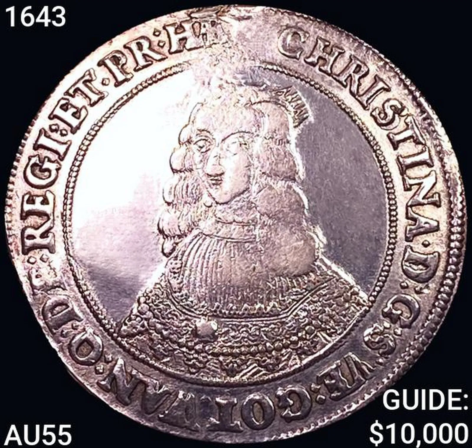 A 1643 silver Sweden 1 RD DAV-4525. Image courtesy of Gold Standard Auctions. 
