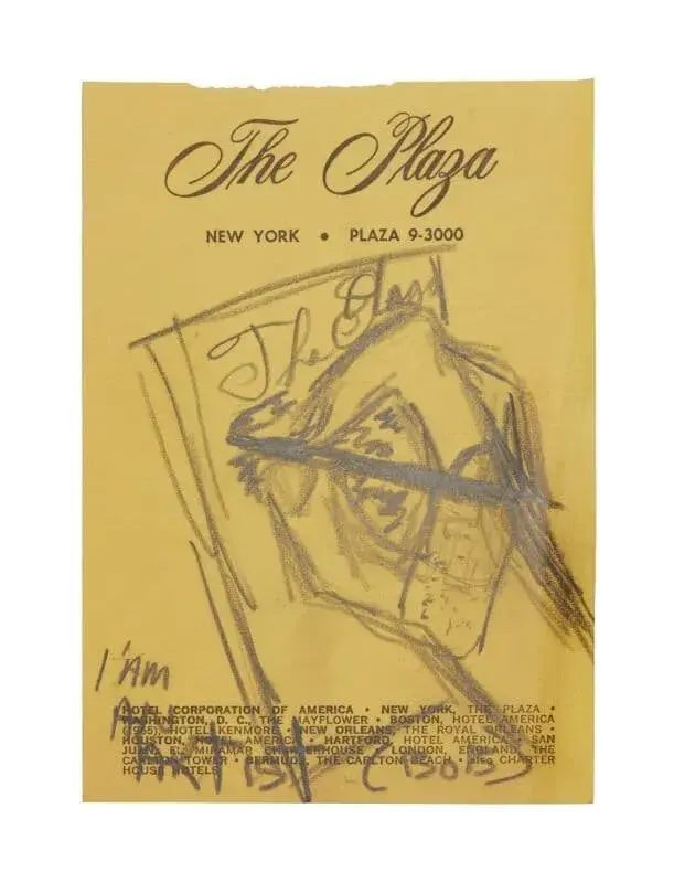 Lot #28, an original pencil sketch of a hand on a Plaza Hotel memo pad, was estimated at $1,500 to $2,500 and sold for $88,900. Image courtesy of Julien’s.
