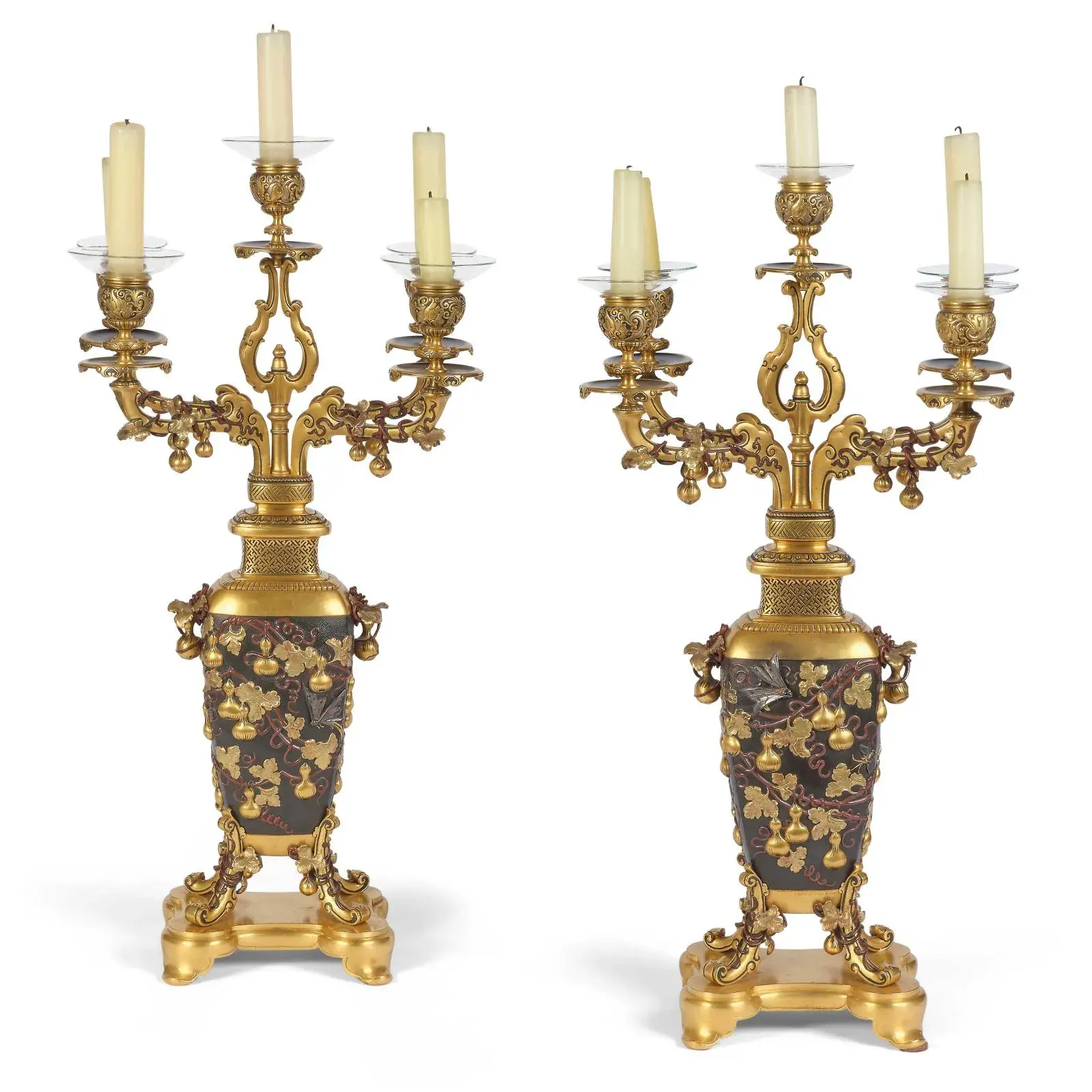 Christofle & Cie, pair of patinated gilt bronze five-light candelabras decorated with flowering and foliate branches in relief, c. 1878, h. 58 cm/22.8 in. Hôtel Drouot, May 31, 2024. Gros & Delettrez auction house. Cabinet PBG Expertise.
Result: €41,600