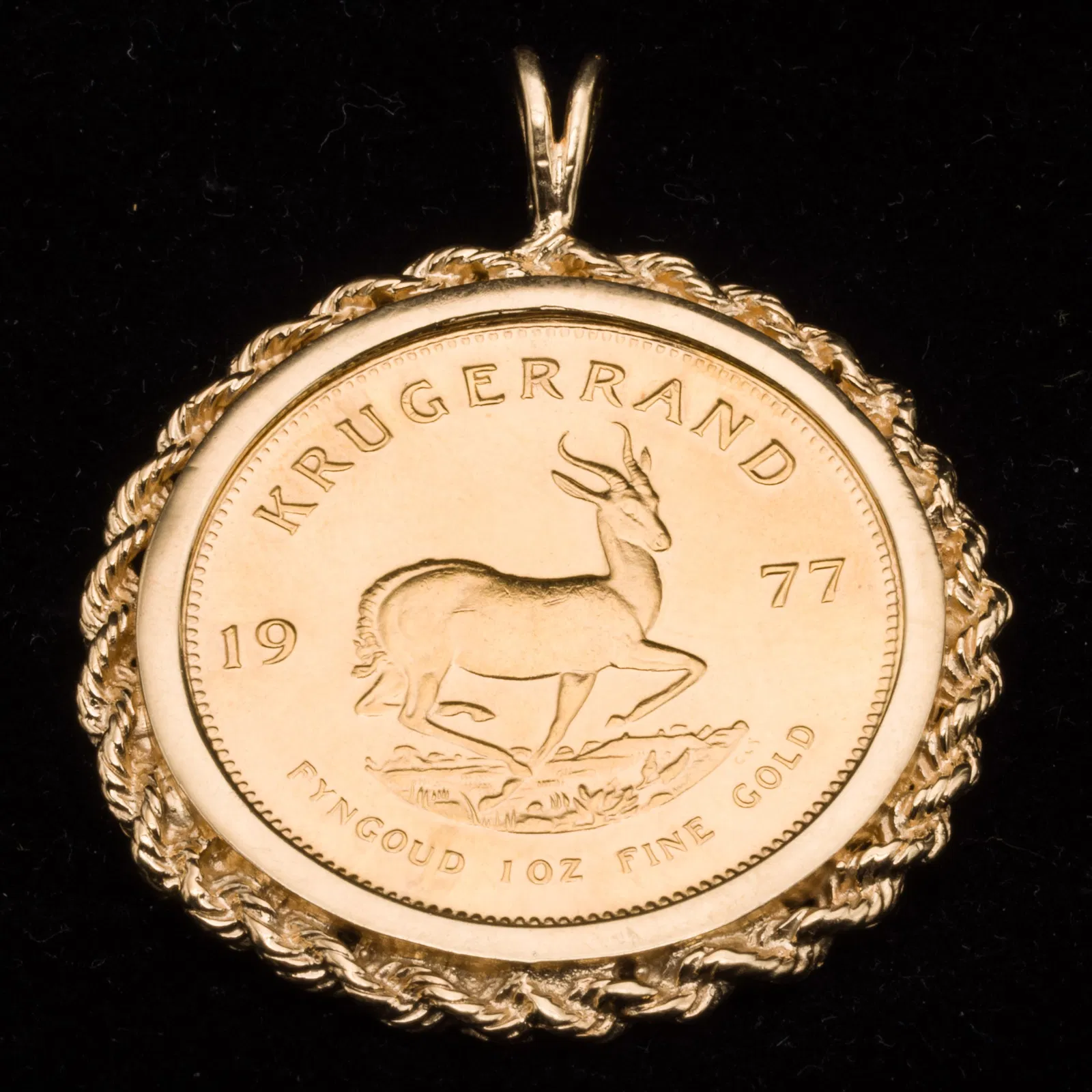 1977 Kruegerrand Mounted in 14K as a Pendant
