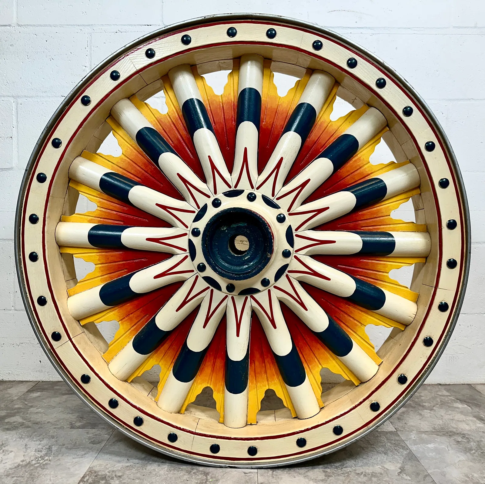 Lot #0096, a Hagenbeck-Wallace Circus wagon wheel, was estimated at $600 to $900 and sold for $2,750. Image courtesy of Freedom Auction Company.
