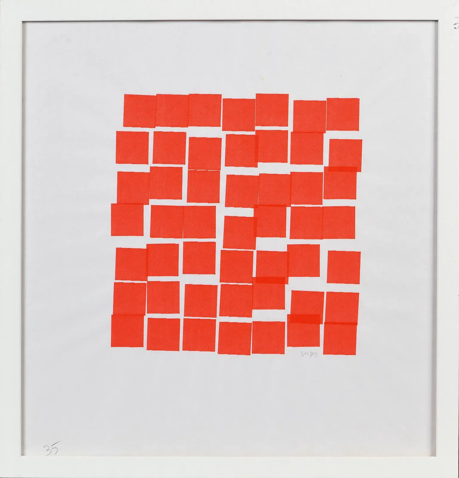 Vera Molnár, 49 Red Squares, 1989, computer drawing with ink plotter on paper, 41 x 38.5 cm/16 x 15 in (at sight).
Estimate: €2,000/€3,000